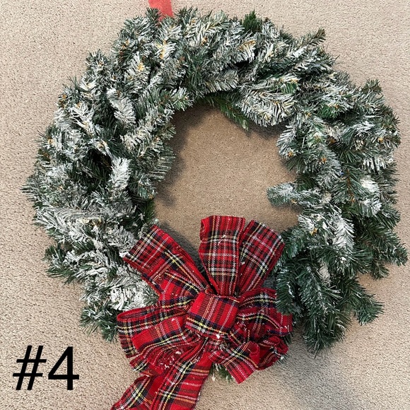 Holiday Christmas Snow Flocked Wreath With Tartan Red Plaid Bow - Picture 15 of 16